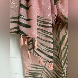 Pink w Green Palm Leaf Print Scarf w Tassels & Gold Shimmering Accents Thru-out